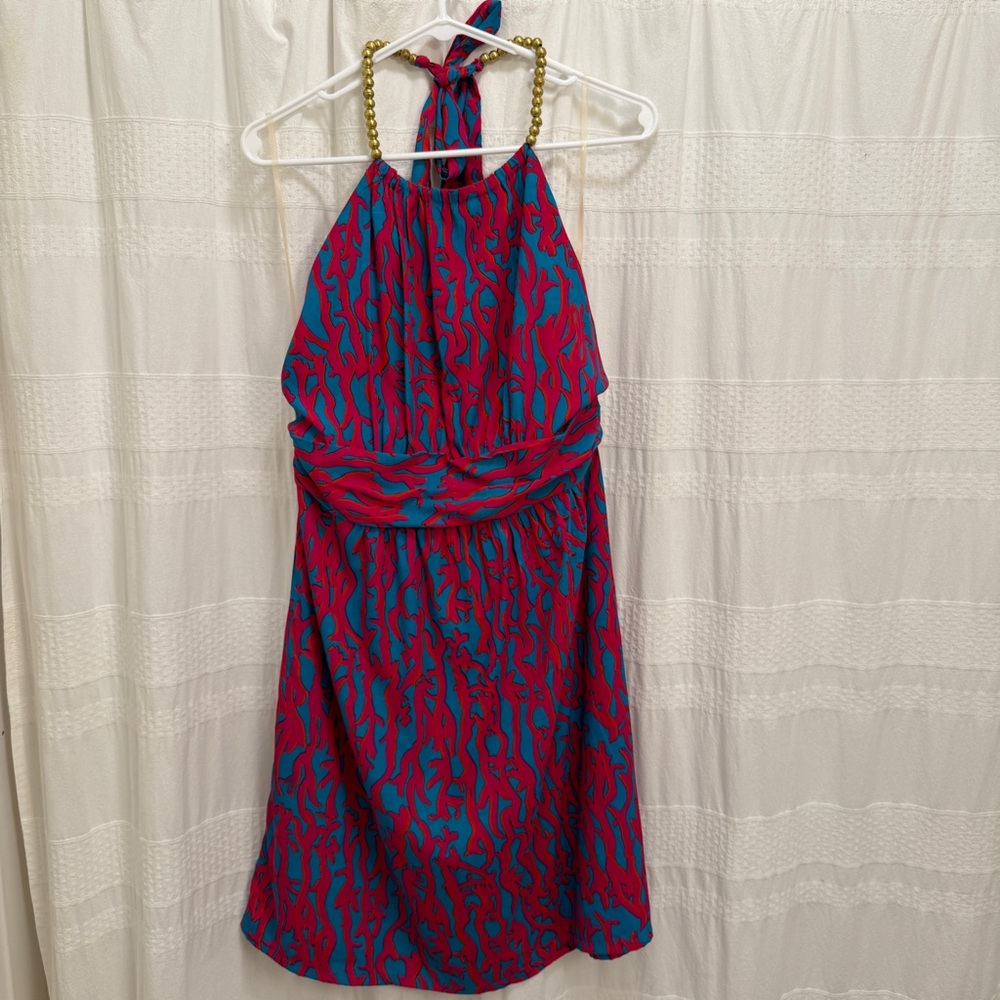 Southern Frock Halter Dress Pink Blue Womens Medium Open Back Coral Pattern